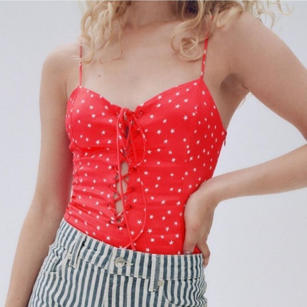 Zara Satin Effect New Red Star Lace Up Bodysuit Size: S